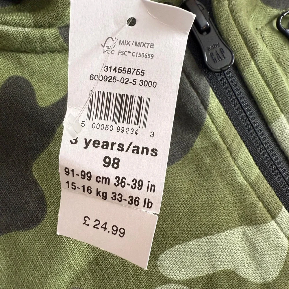 Baby‎ Gap Kids Camouflage Zip Up Hoodie Long Sleeve Toddler Size 3 Years